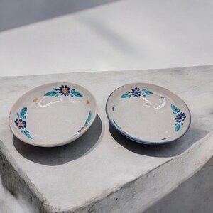 Set Of 2 Hand-Painted Ceramic Floral Bowls 8" White Blue Signed